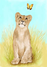 Lion cub and butterfly